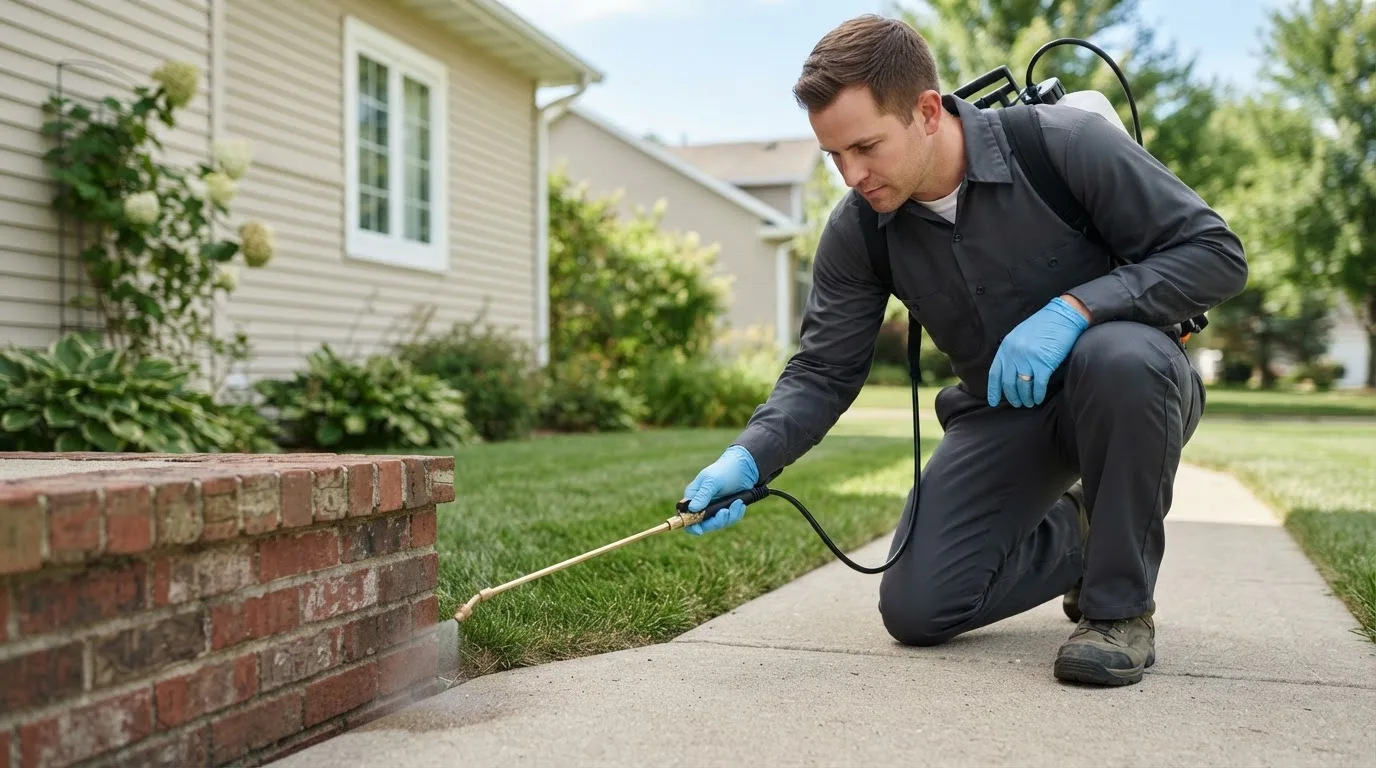 Pest control technician treating a home near Pickerington, OH